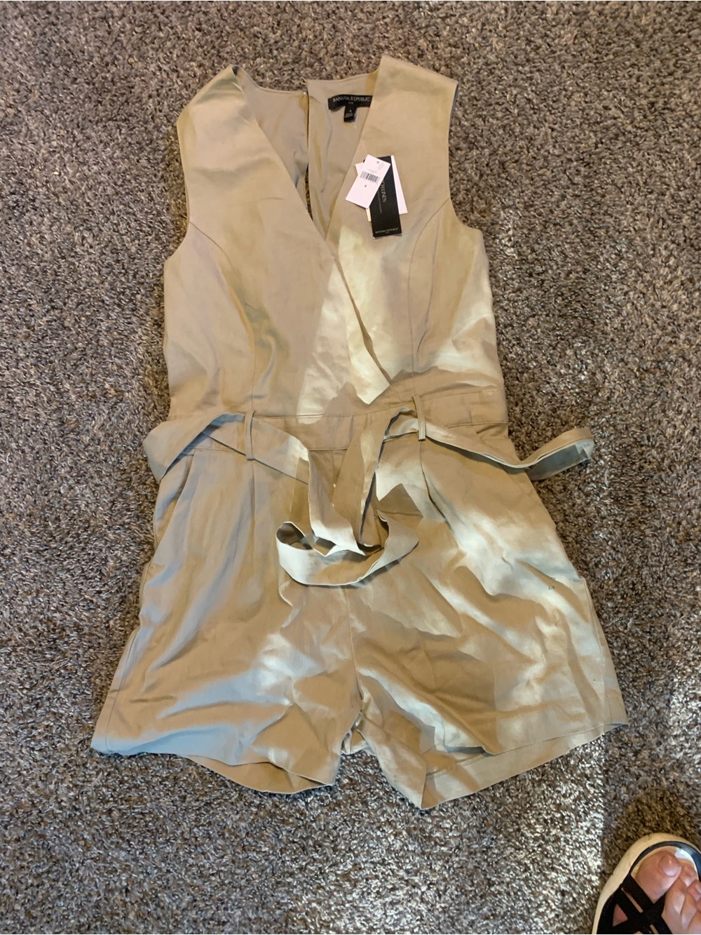 Banana Republic Sleeveless Satin-Look Taupe Romper with Tie Waist